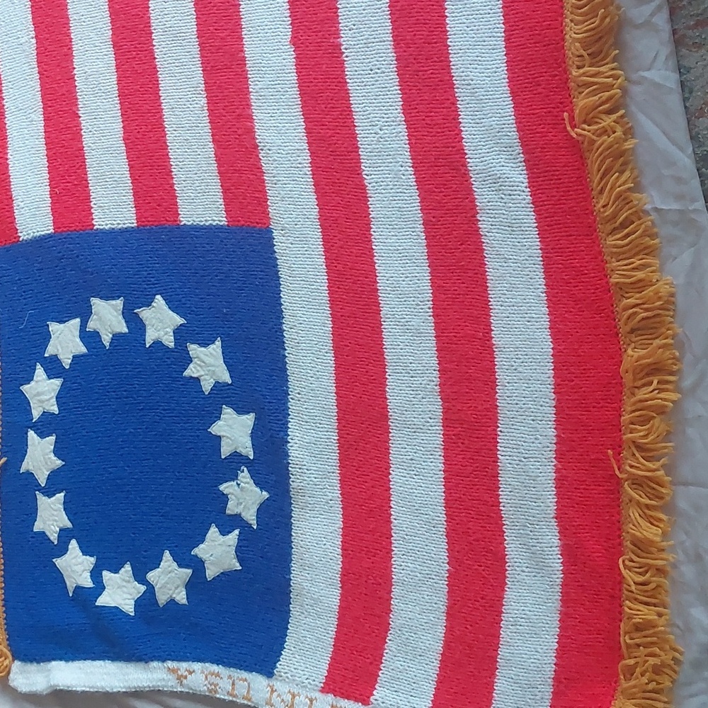VINTAGE Knitted handmade American flag afghan. Red white blue with gold fringe.